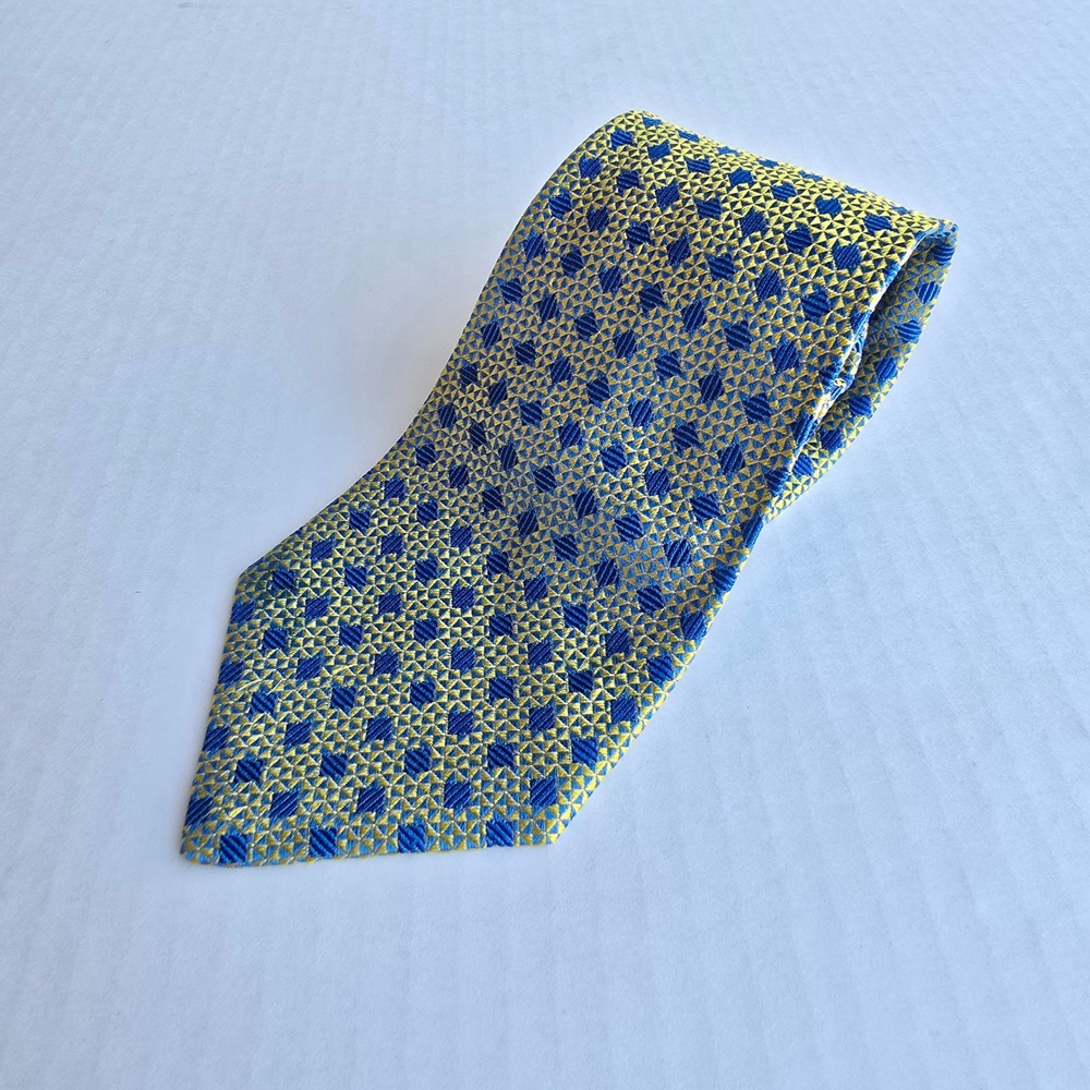 Charvet Place Vendome Silk Tie Yellow Blue Geometric Pattern France Luxury Men
